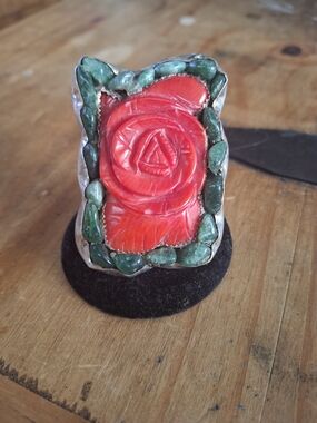 Coral Red Rose Carved Stone Statement Ring with Green Adventurine Accents